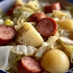 slow cooker cabbage potatoes and smoked sausage recipe in a rustic bowl