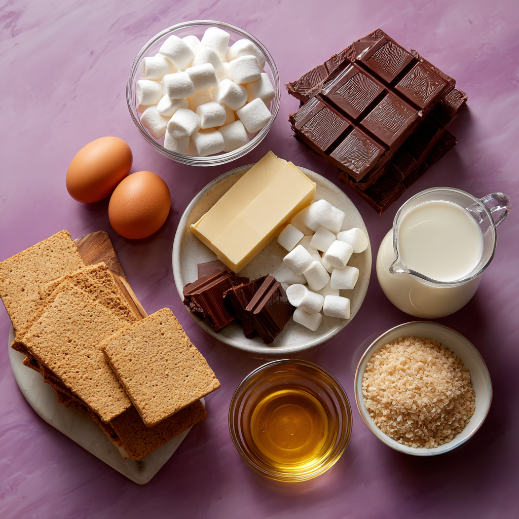 s’mores brownies ingredients on kitchen counter