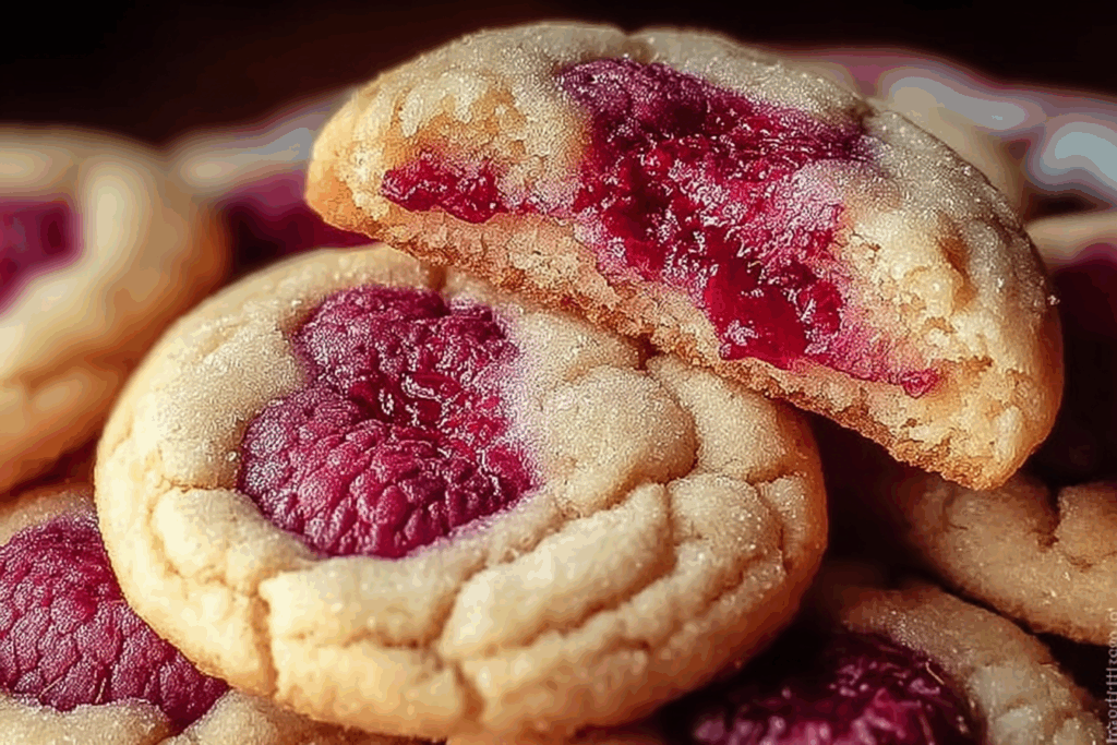 Soft and chewy raspberry sugar cookies stacked on plate