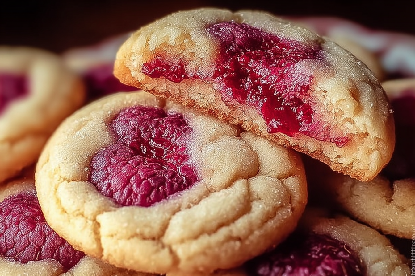 Soft and chewy raspberry sugar cookies stacked on plate