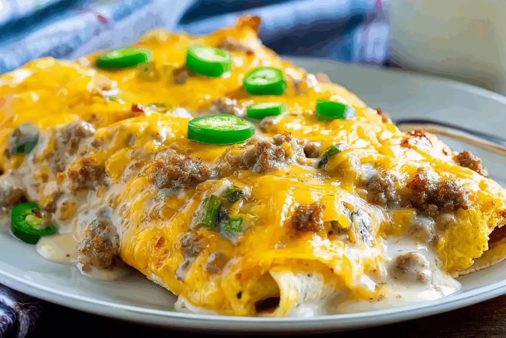 Southern Breakfast Enchiladas with Sausage Gravy recipe fresh from oven