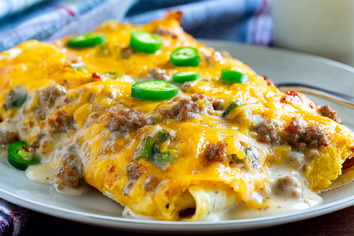 Southern Breakfast Enchiladas with Sausage Gravy recipe fresh from oven