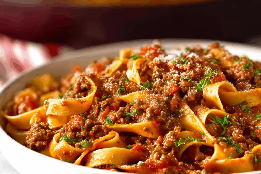 Spaghetti Bolognese recipe served hot with parmesan and basil