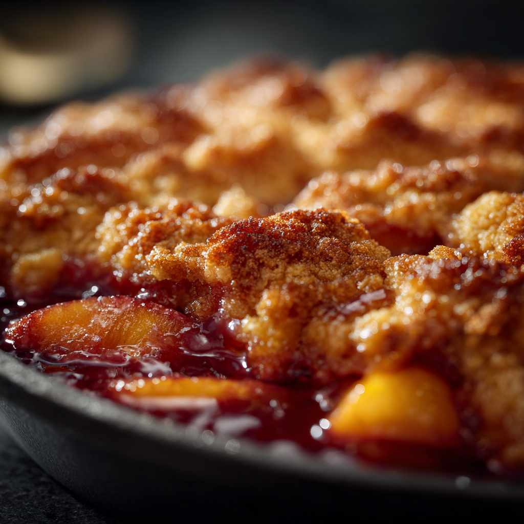 Peach slices mixed with cinnamon, sugar, nutmeg, and lemon juice for cobbler filling