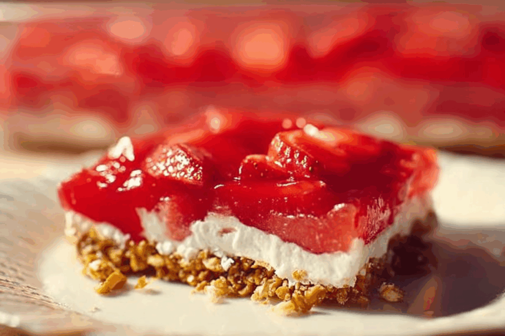 Classic strawberry pretzel salad recipe in a glass dish