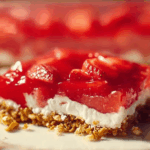Classic strawberry pretzel salad recipe in a glass dish