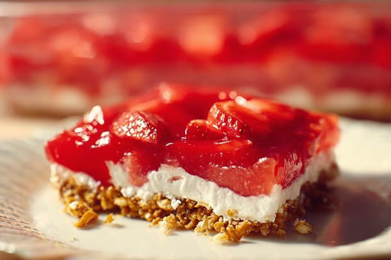 Classic strawberry pretzel salad recipe in a glass dish