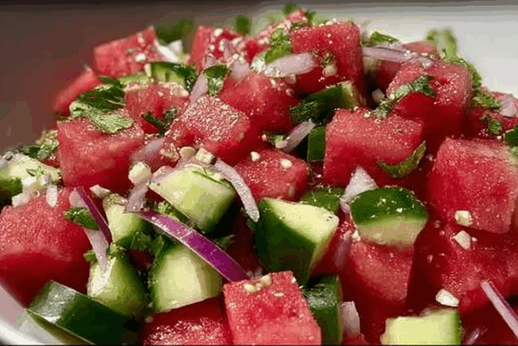 Fresh ingredients for watermelon cucumber salad recipe