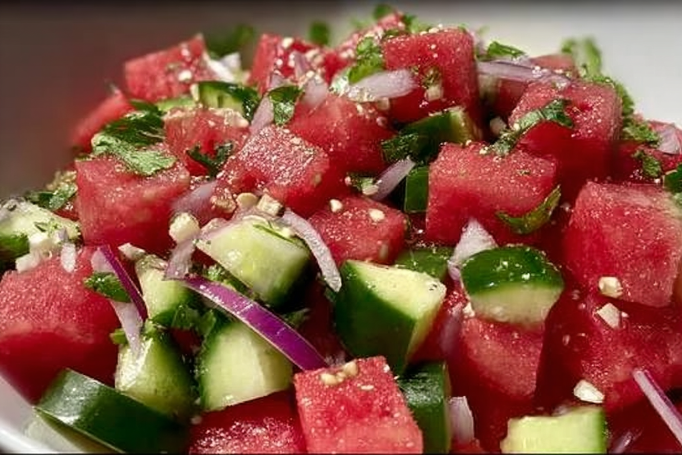 Fresh ingredients for watermelon cucumber salad recipe