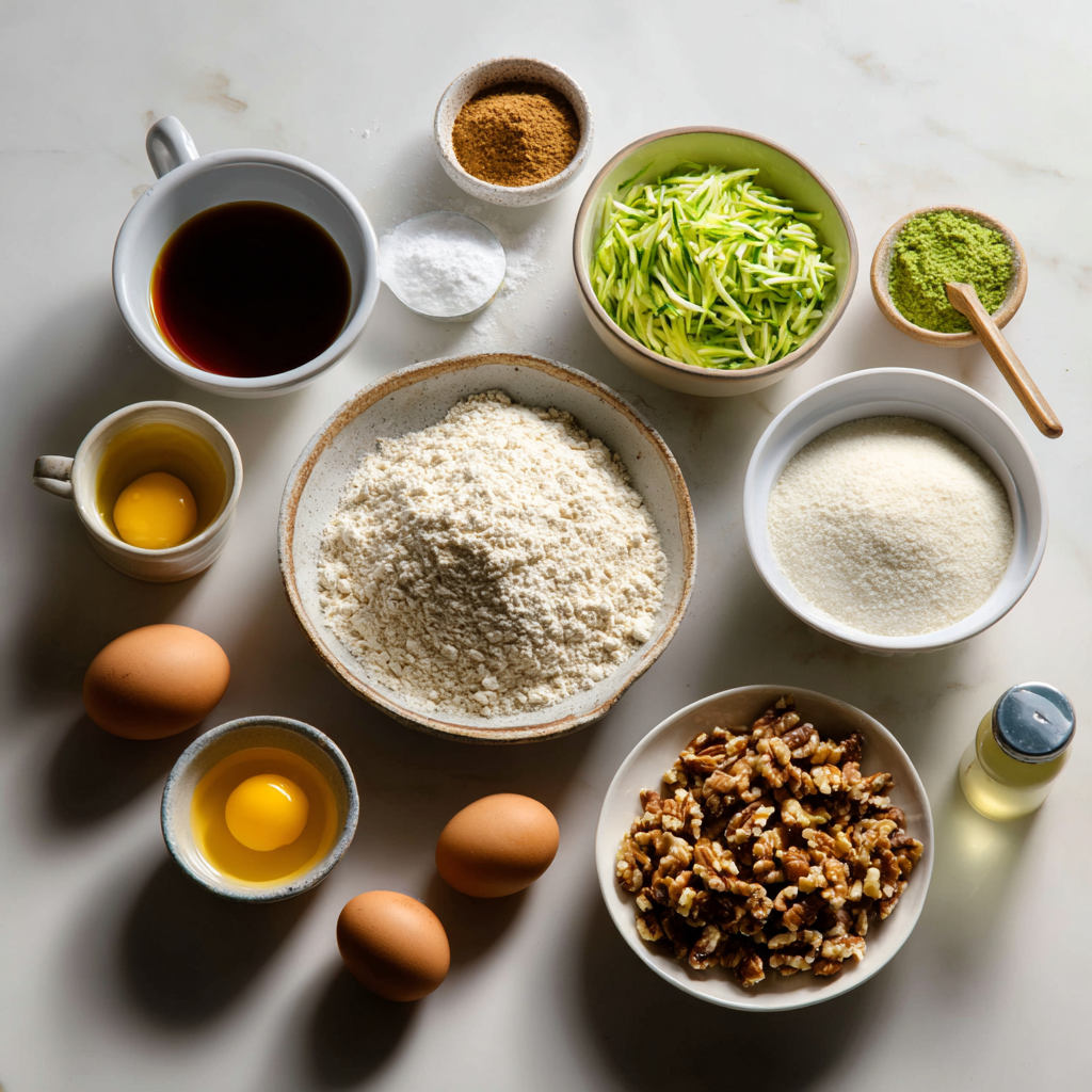 Ingredients for zucchini bread recipe on kitchen counter