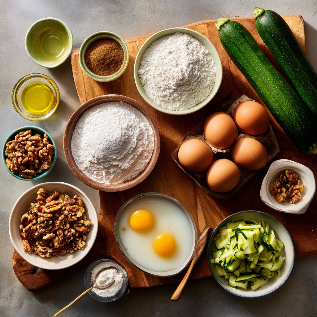 Fresh zucchini and ingredients for moist zucchini cake