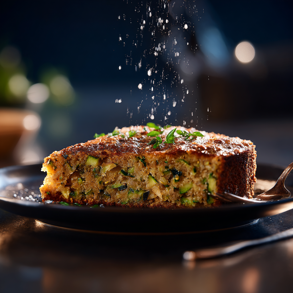 Plated slice of moist zucchini cake with frosting and coffee